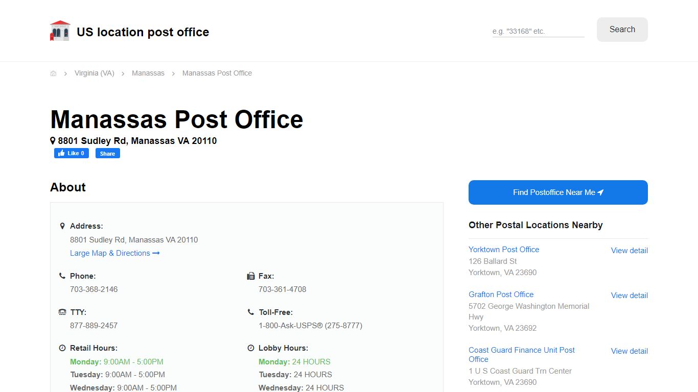 Manassas Post Office, VA 20110 - Hours Phone Service and Location