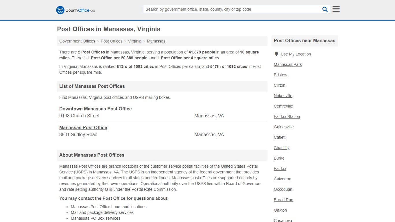 Post Offices - Manassas, VA (Mail Services & PO Boxes) - County Office