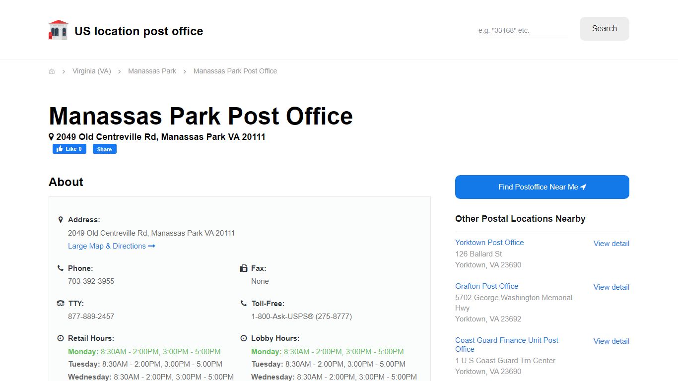 Manassas Park Post Office, VA 20111 - Hours Phone Service and Location
